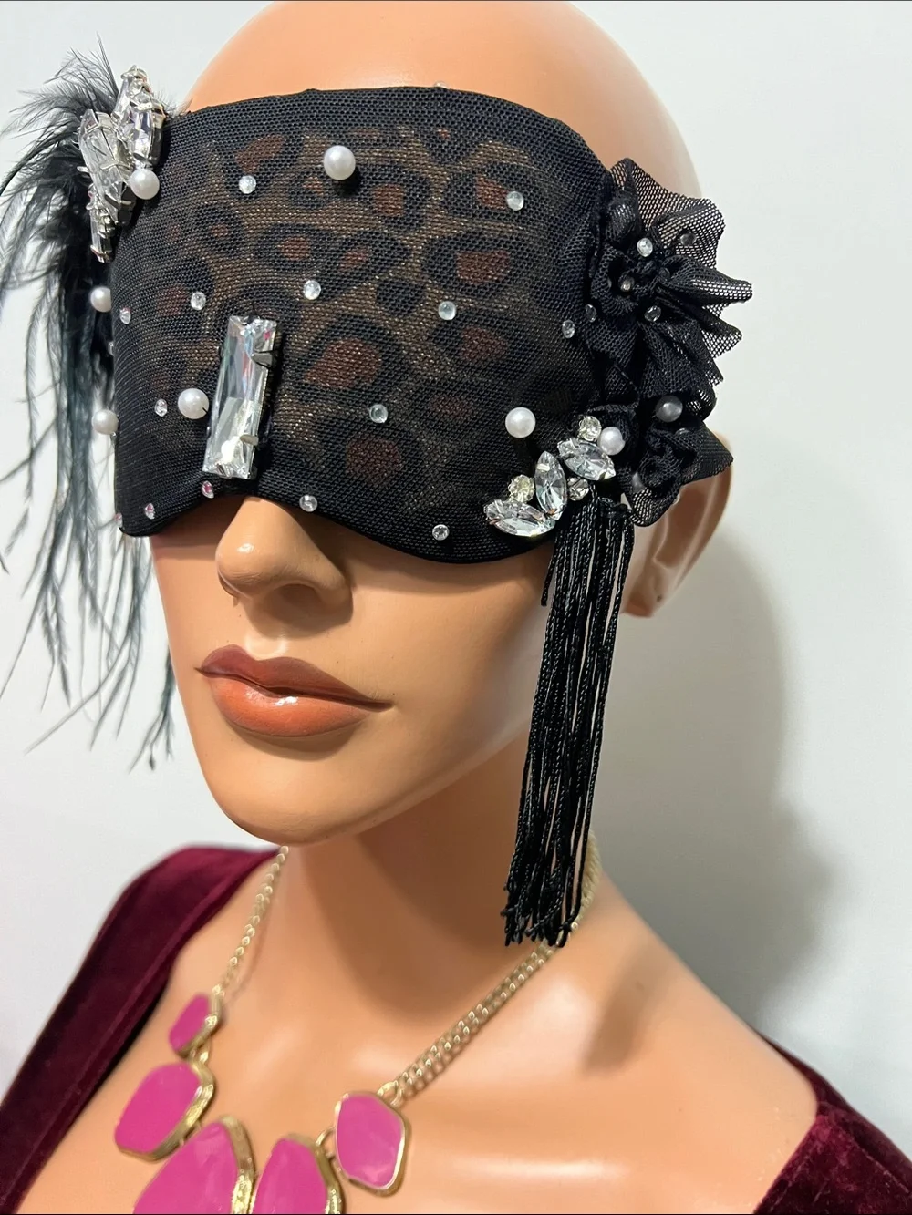 Black Embellished Feathered Masquerade Eye Mask